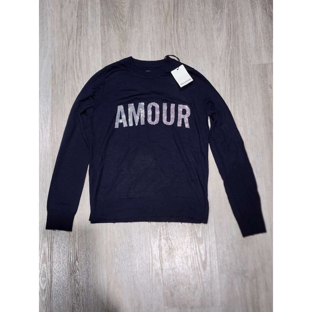 ZADIG & VOLTAIRE Miss Amour Sweater Rhinestone Navy S Merino Wool New